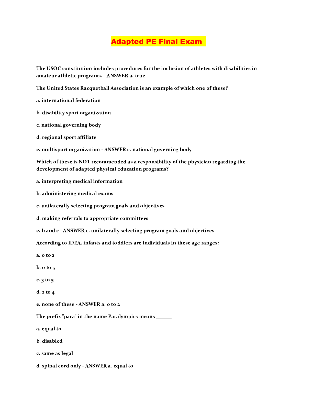 Adapted PE Final Exam Browsegrades